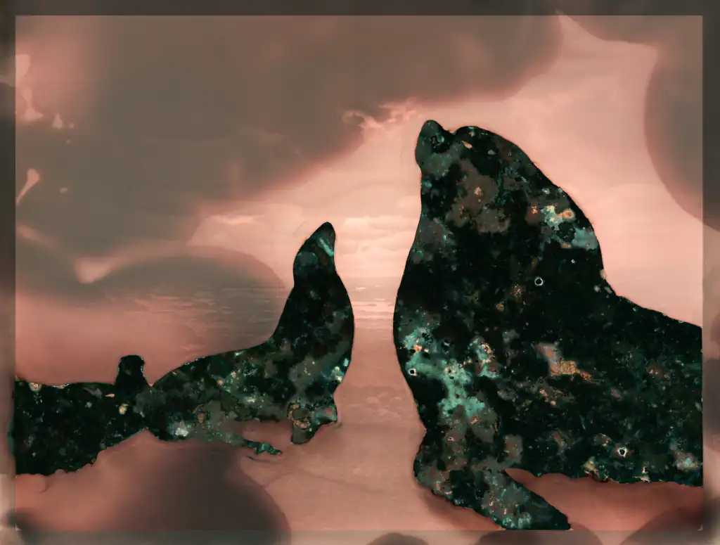 Pinnipeds, 2024 — three seals in dark teal and verdigris rise from a rose-copper shoreline beneath a turbulent sunset sky, their bodies dense with biological oxidation against an atmospheric ground.