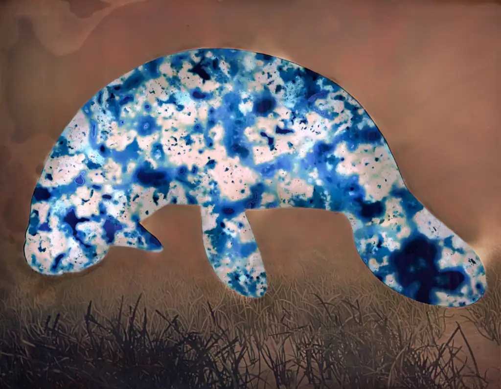 Trichechus manatus (Manatee), 2024 — a single manatee silhouette filled with luminous blue and white biological patterning, floating above a ghostly grass bed on a warm rose-brown ground.
