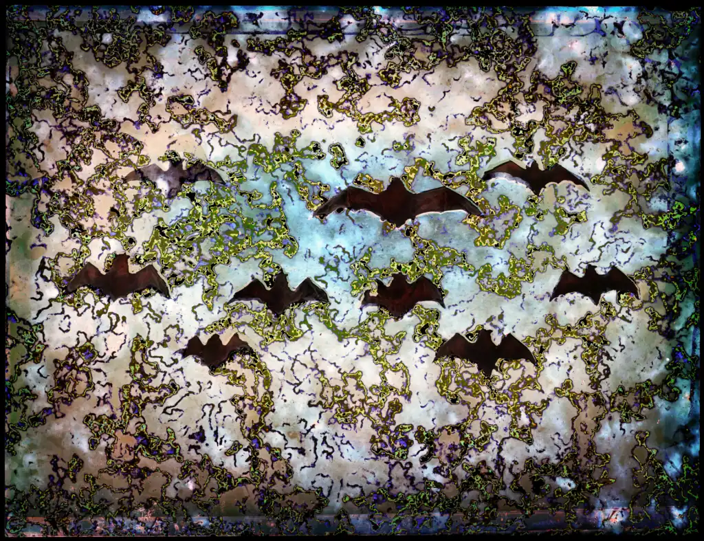 espertilionidae (Bats), 2024 — six dark bat silhouettes in flight across a pale ground consumed by writhing yellow-green and purple biological networks, a luminous teal void opening at the centre.