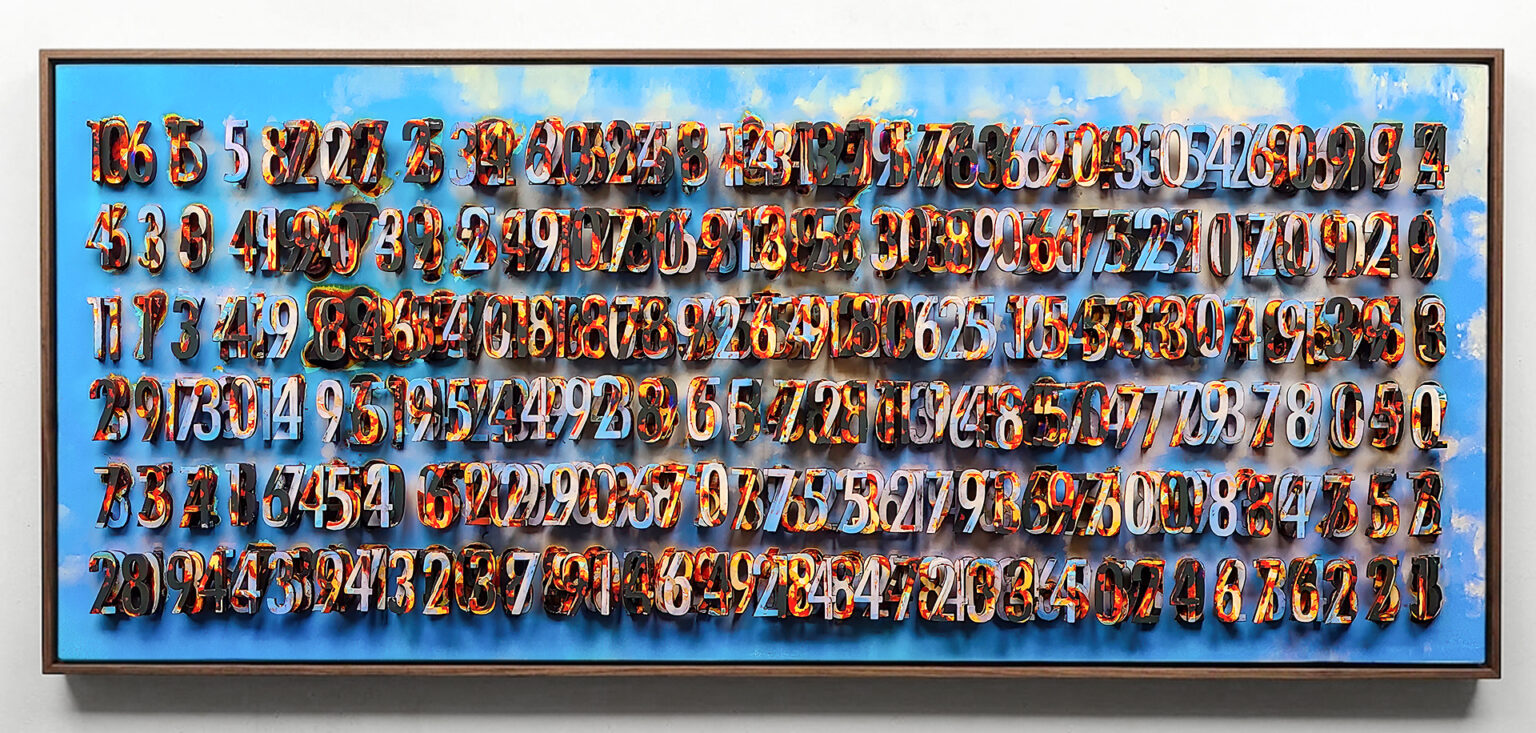 Mathematical sequence artwork featuring Fibonacci progression with biological soil treatment creating varied decomposition effects on azure background. Numerals physically extracted from print surface form three-dimensional relief coated with earth material, bridging abstract mathematical principles and tangible natural phenomena through organic transformation processes.